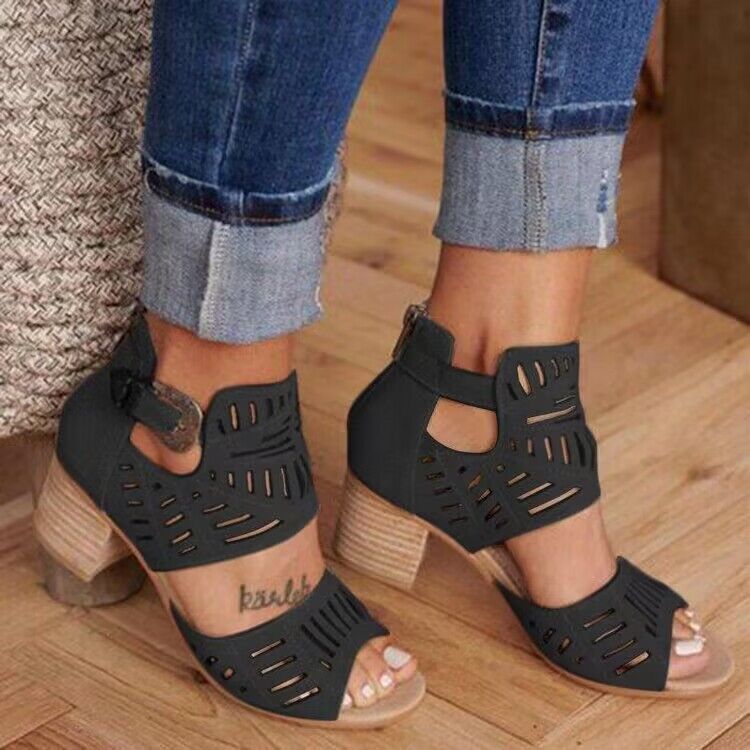 Hollow out Sandals Cutout Gravitiert Dicke Fersen Sandalen