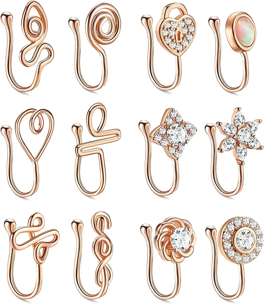 12Pcs Falsche Nasenringe für Frauen Nasenmanschette für nicht durchbohrte Faux Septum Nasen Piercing CZ Hoop Ringe Clip On Nose Cuff Set Faux Nasenringe