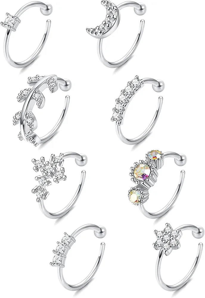 8pcs Falsche Nase Ring Schleife Edelstahl Faux Nasen Ringe gepflastert CZ Clip auf Nasenring Nicht durchdringende Nasenmanschette Falsche Nasen Schleife für Frauen