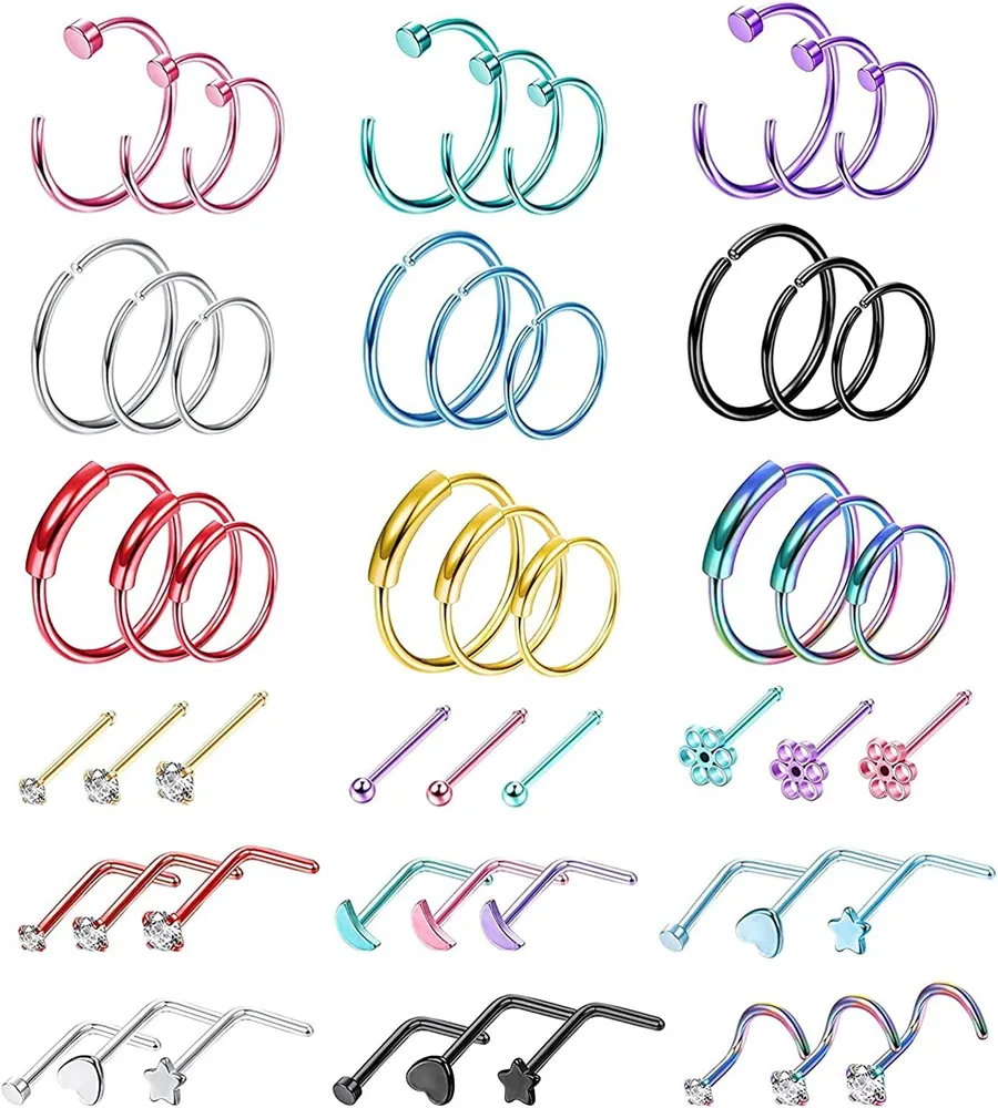 54Pcs 20G Nasenring Schleife für Frauen Männer 316L Edelstahl Mond Blume Herz Nasenringe L-förmige Pin CZ Schraube Nasen Studs Schleife Nasen Piercing Jewelly Set