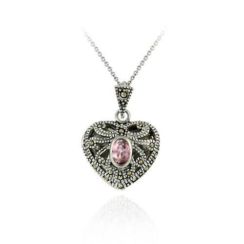 Sterling Silber Marcasit Herz Anhänger mit Pink Cubic Zirkonia