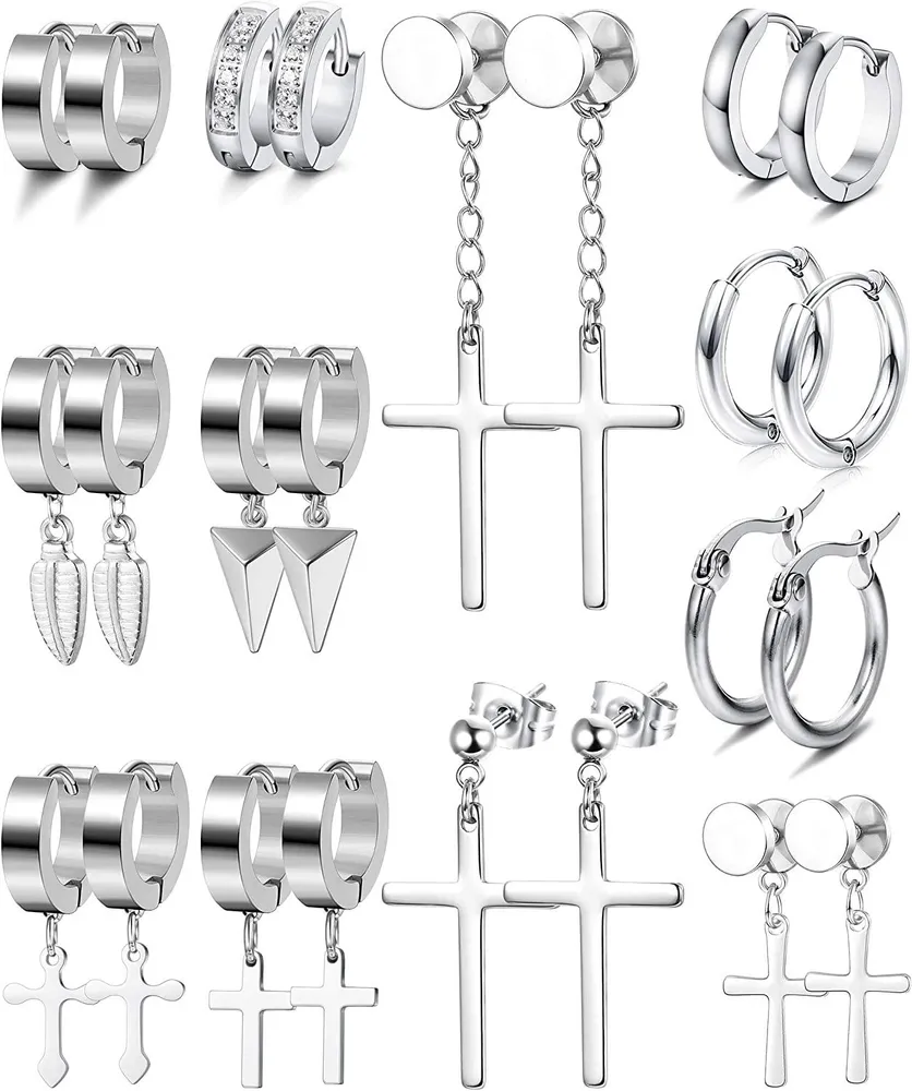 12 Pairs Edelstahl Ohrringe für Männer Frauen Stud Ohrringe Huggie Hoop Ohrringe Set Hingeed Hoop Dangle Cross Ohrringe