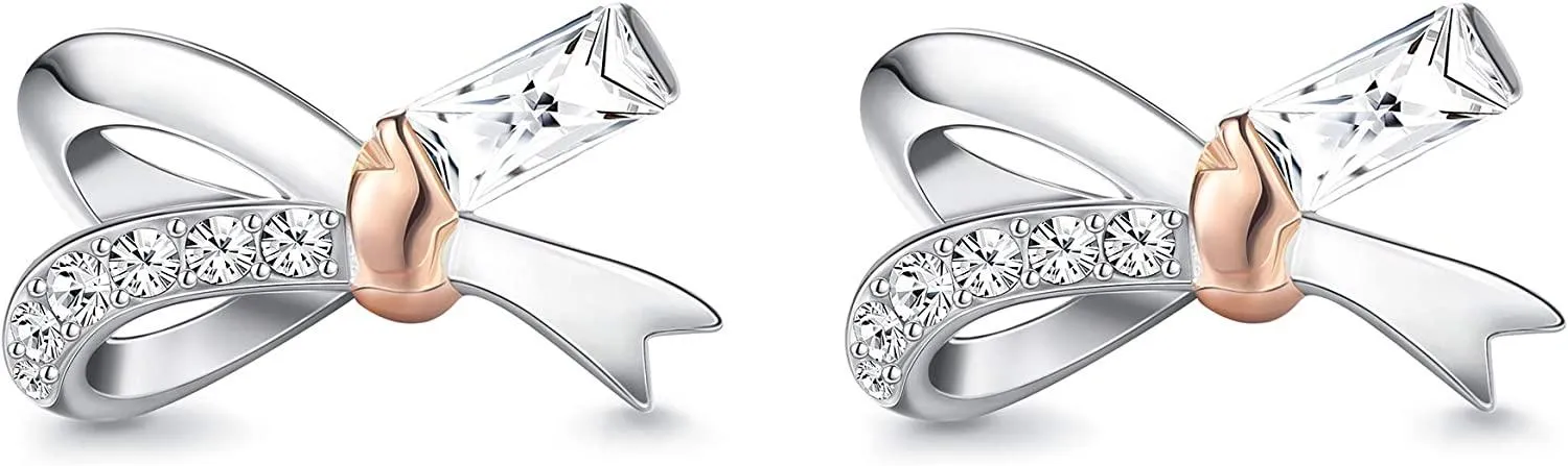 Bogen Ohrring Sterling Silber kleine winzige Rose Gold Stud Ohrringe Zwei Tone für Frauen Kristalle von Österreich Geschenk für Frauen