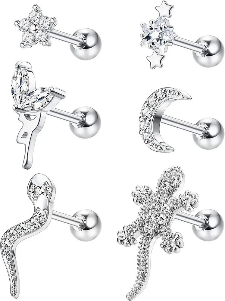 6PCS 16G Knorpel-Stapel - Ohrringe für Frauen Edelstahl CZ Blume Mond Stern Schlange Knorpel-Ohrringe Conch Helix Tragus Piercings