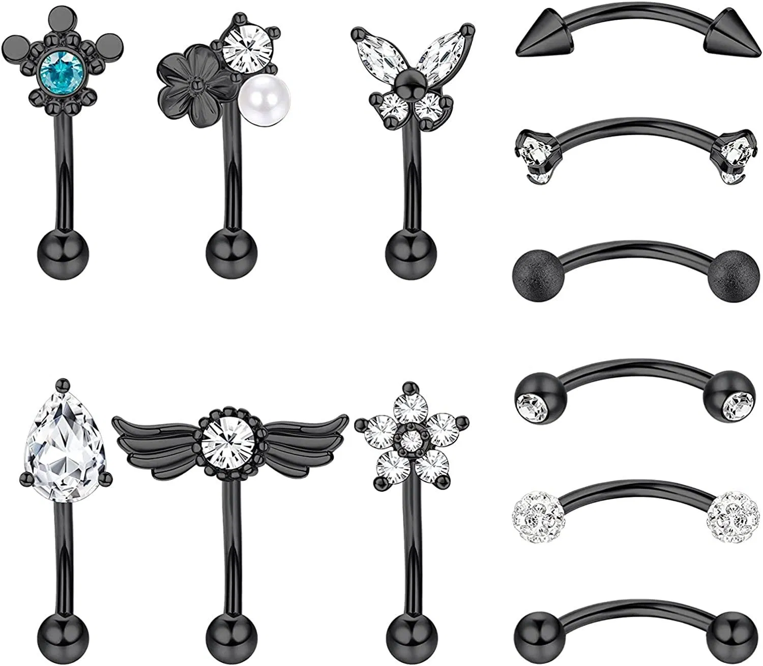 12Pcs 16G Rook Piercing Augenbrauenringe für Frauen Männer Edelstahl Bauch Lippenring CZ Knorpel Tragus Piercing Kurven Barbell Rook Daith Ohrringe für Frauen 6mm