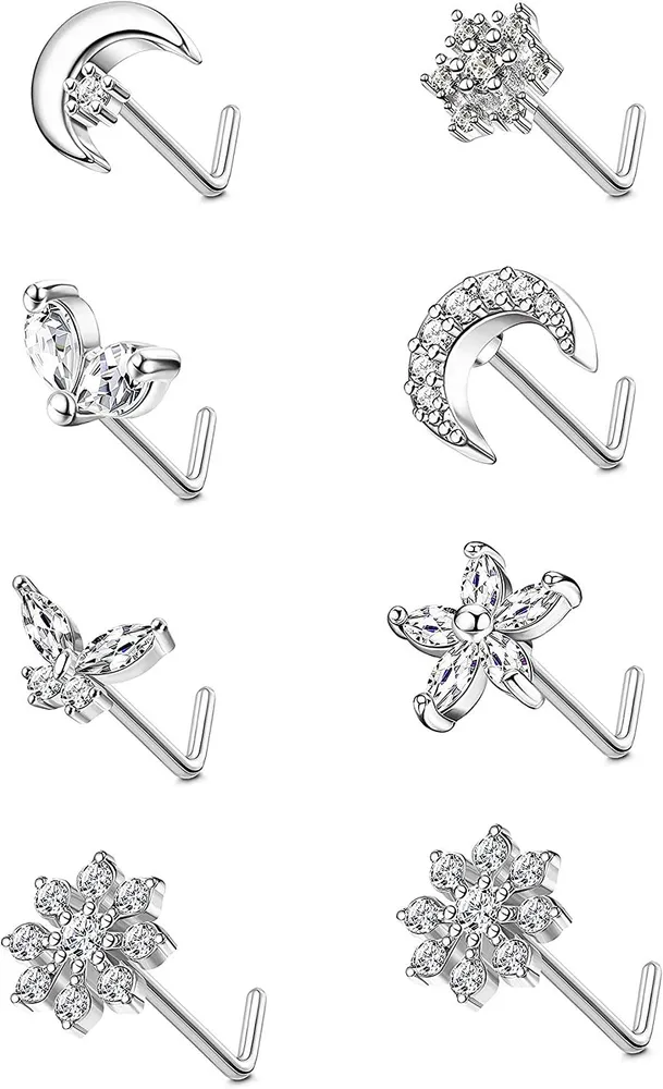 8 Stück 20G Nasenstafel für Frauen 316L Edelstahl L-förmige Nasenringe Stud CZ Schmetterlingsblume Schneeflocke Mond Nasenring Körper Piercing Schmuck für Männer