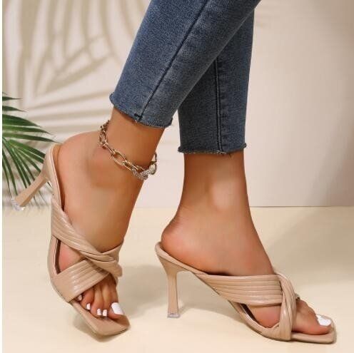 Leder Cross Fish Mund Quadrat Toe Heel Sandalen