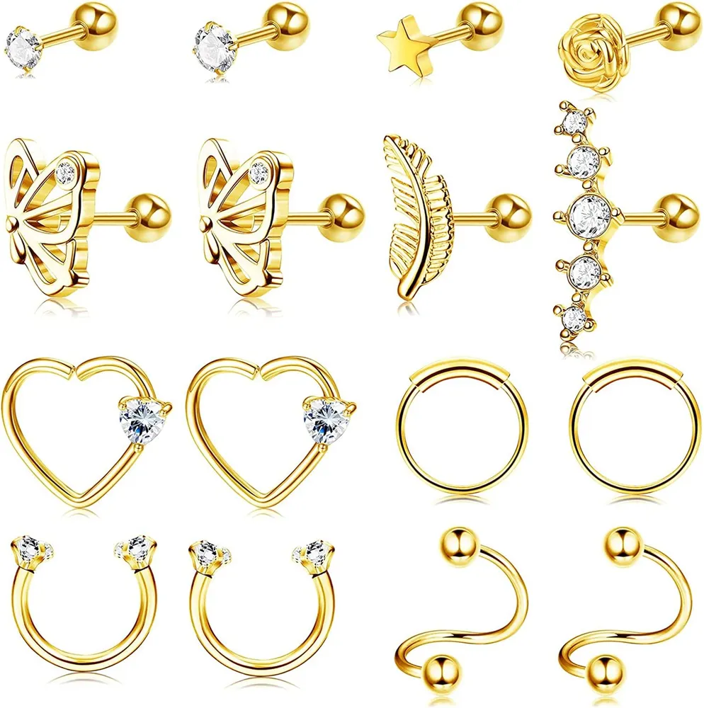 16PCS 16G Knorpel Tragus Ohrringe Studs Helix Ohrringe Edelstahl Nasen Lippenringe Ohr Helix Daith Barbell Piercing für Frauen Männer