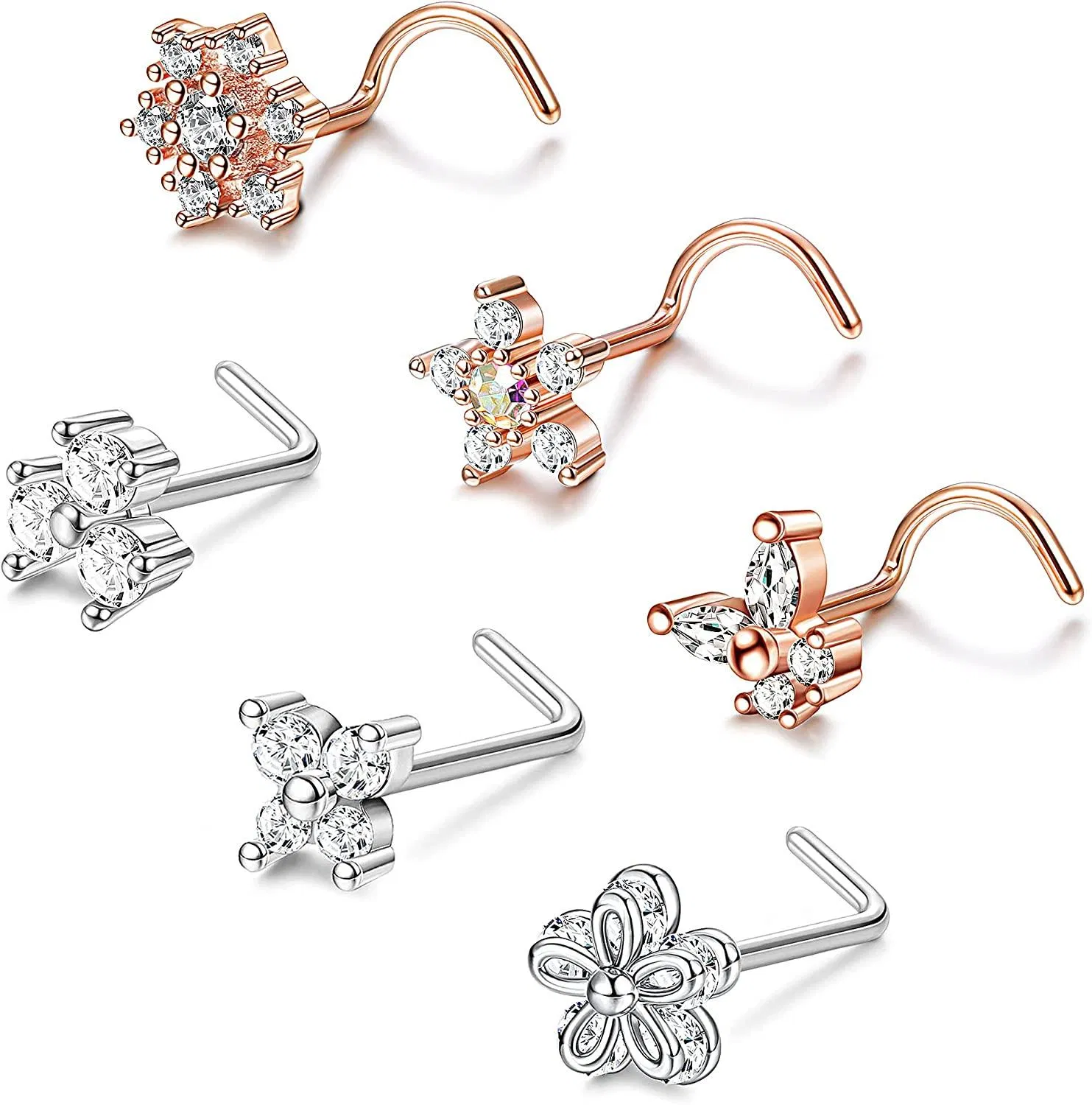 6PCS 20G Nasenring Stud CZ Blume L-Form Nasenringe Schmetterling Schneeflocken Nasenschraube Rostless Nasen Piercing für Frauen Männer