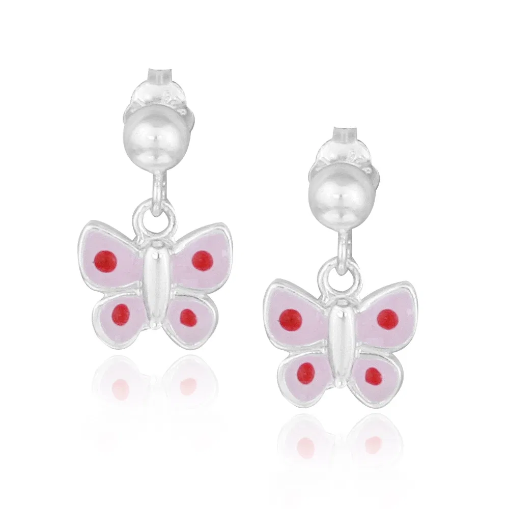 Sterling Silver Pink & Red Enamel Butterfly Girls Dangle Ohrringe