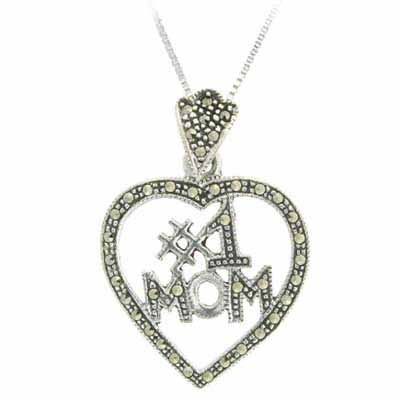 Sterling Silber Marcasite #1 MOM Open Heart Anhänger