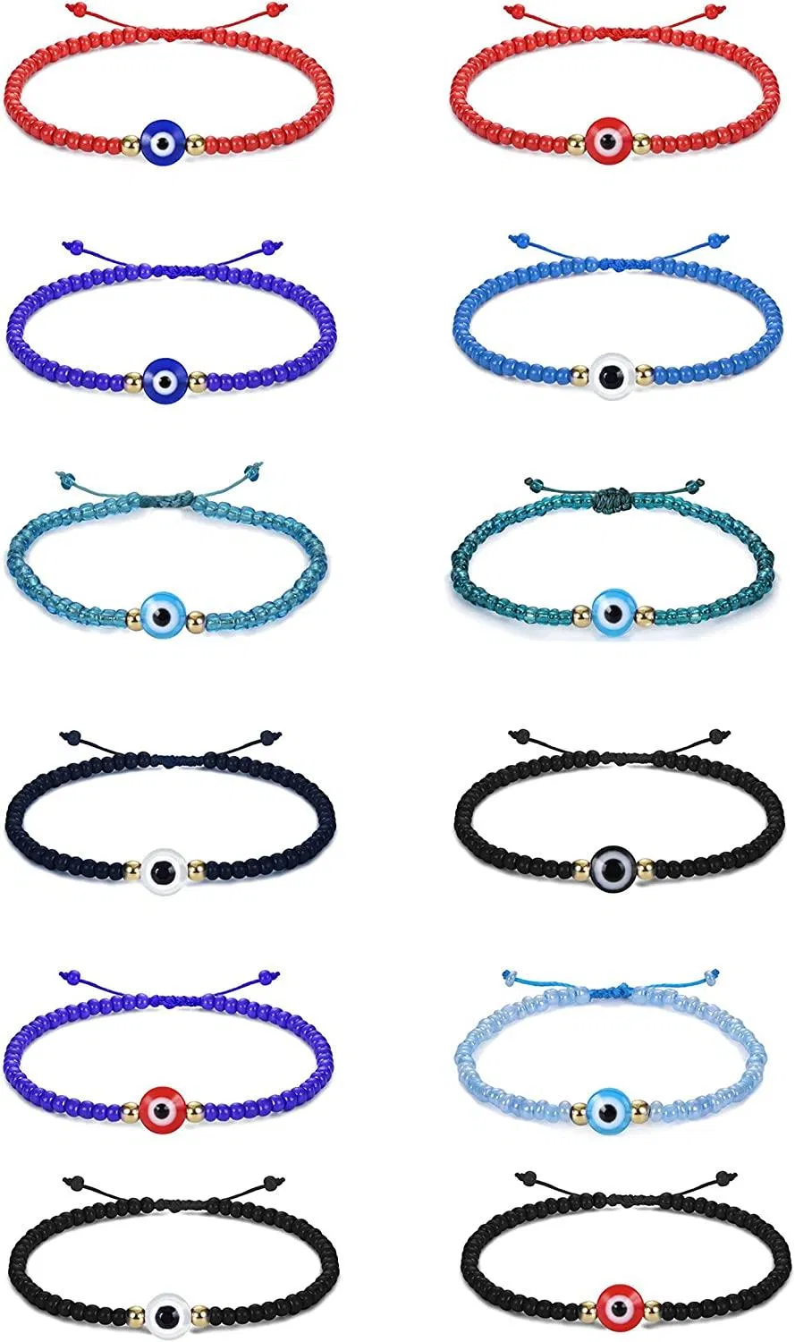 12pcs farbenfrohe Perlen böse Augen Armbänder für Frauen Männer handgemacht schwarz rot verstellbares Ojo Armbänder Glück Schutz Armbänder Geschenk für Freunde Familie