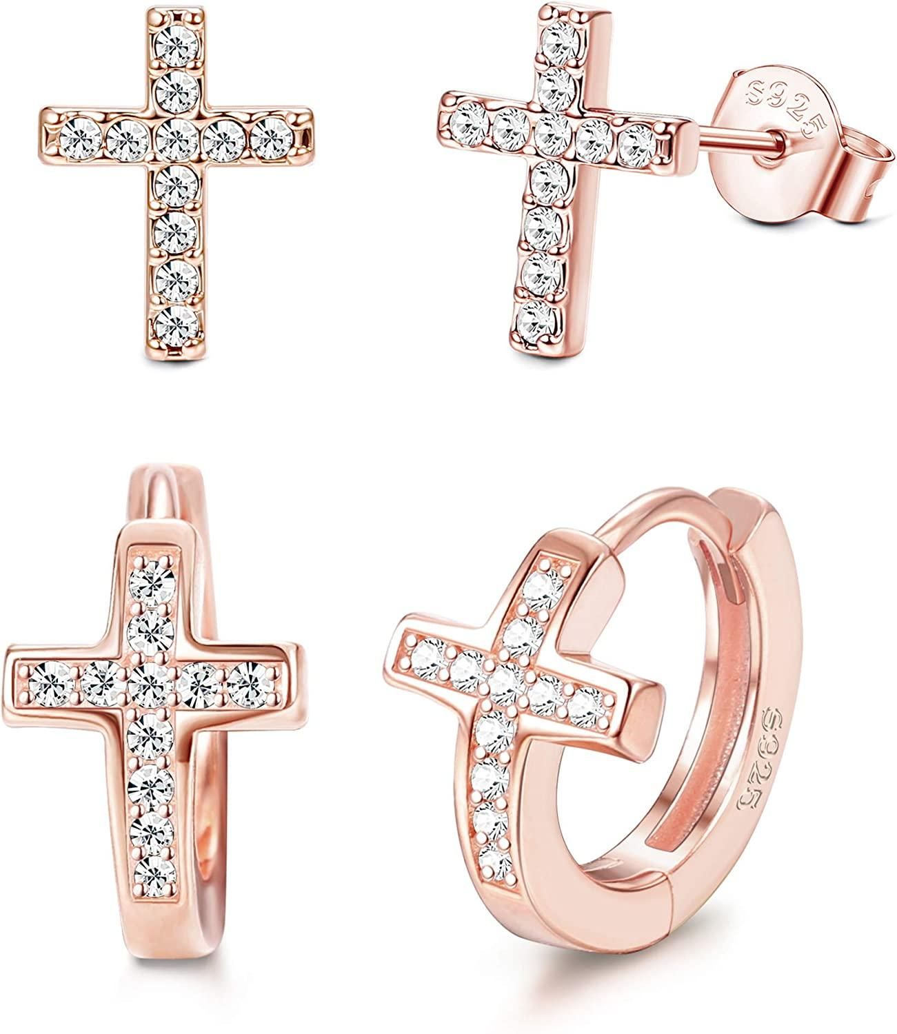2 Paare 925 Sterling Silber Cross Hoop Ohrringe für Frauen Mens CZ Cross Stud Ohrringe Set