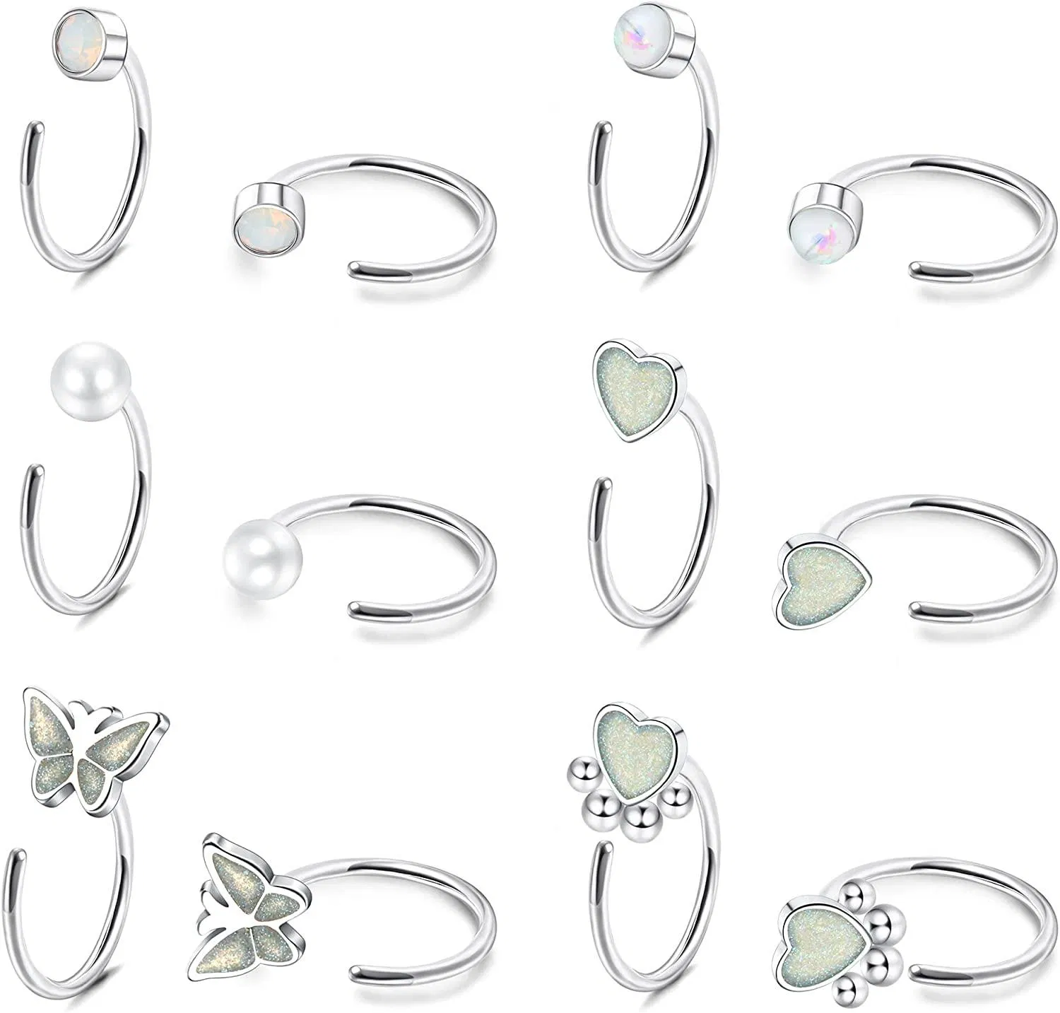 6 Paare Half Hoop Ohrringe Edelstahl kleine Hug Hoop Ohrringe winzige Ball Herz Paw Schmetterling Opal Huggie Knorpel Hoop Ohrringe für Frauen Teen Mädchen