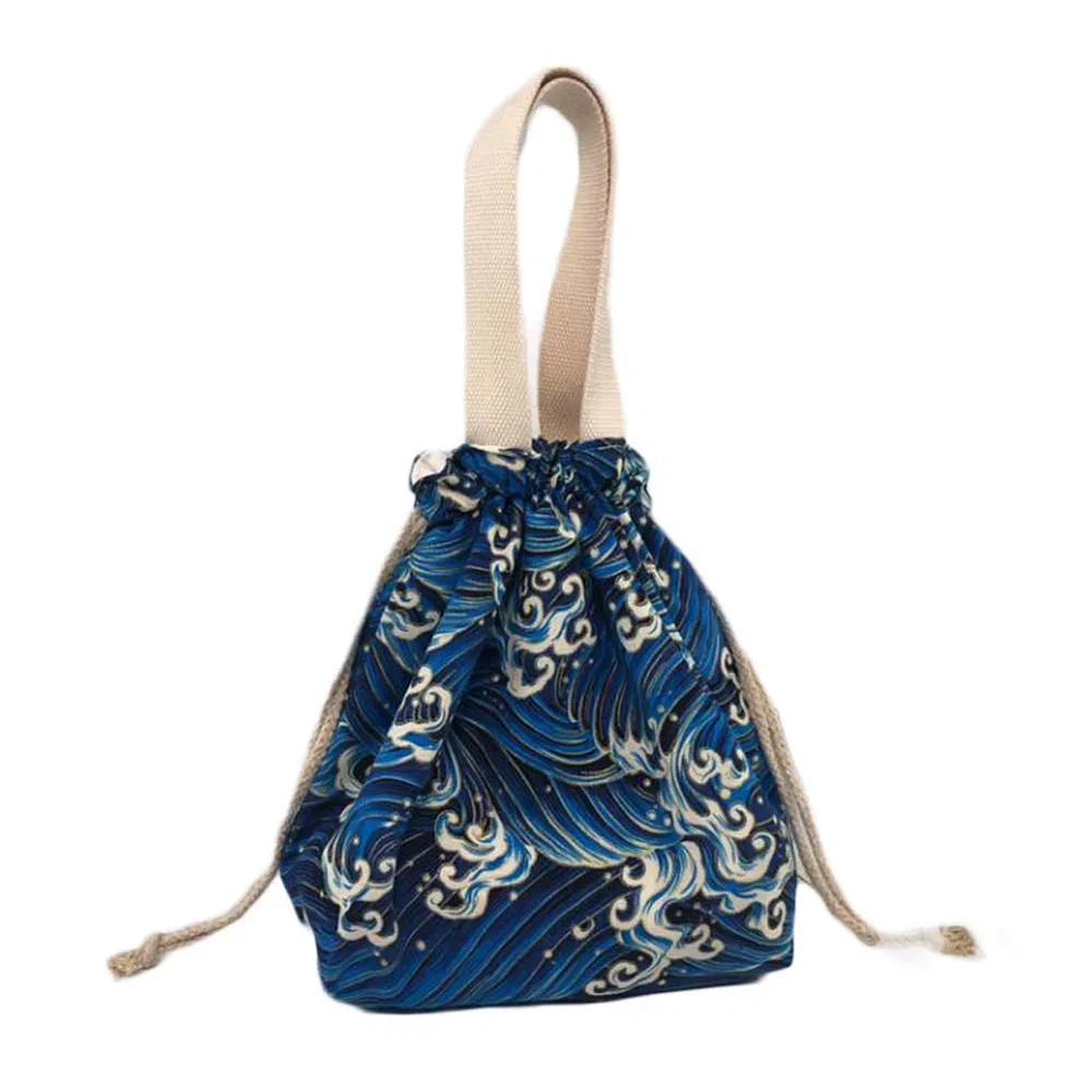 Japanischer Stil süße Mittagessen-Box Bento Tasche Blaue Meer Welle Drawstring Canvas Mittagessen-Tasche große Kapazität Mittagessen Tote Bag