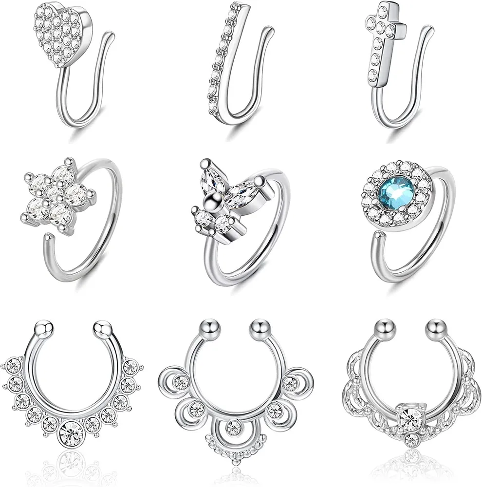 9Pcs 16G / 20G Falsche Nase Ring Schleife Edelstahl Faux Septum Ring Clip An Nasen Ringe Nasen Manschetten Ring Falsche Non-Piercing Nasen Ring Jewelly für Frauen Männer