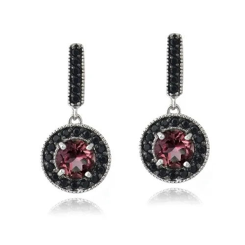 Sterling Silver 3ct Garnet & Black Spinel Round Dangle Ohrringe