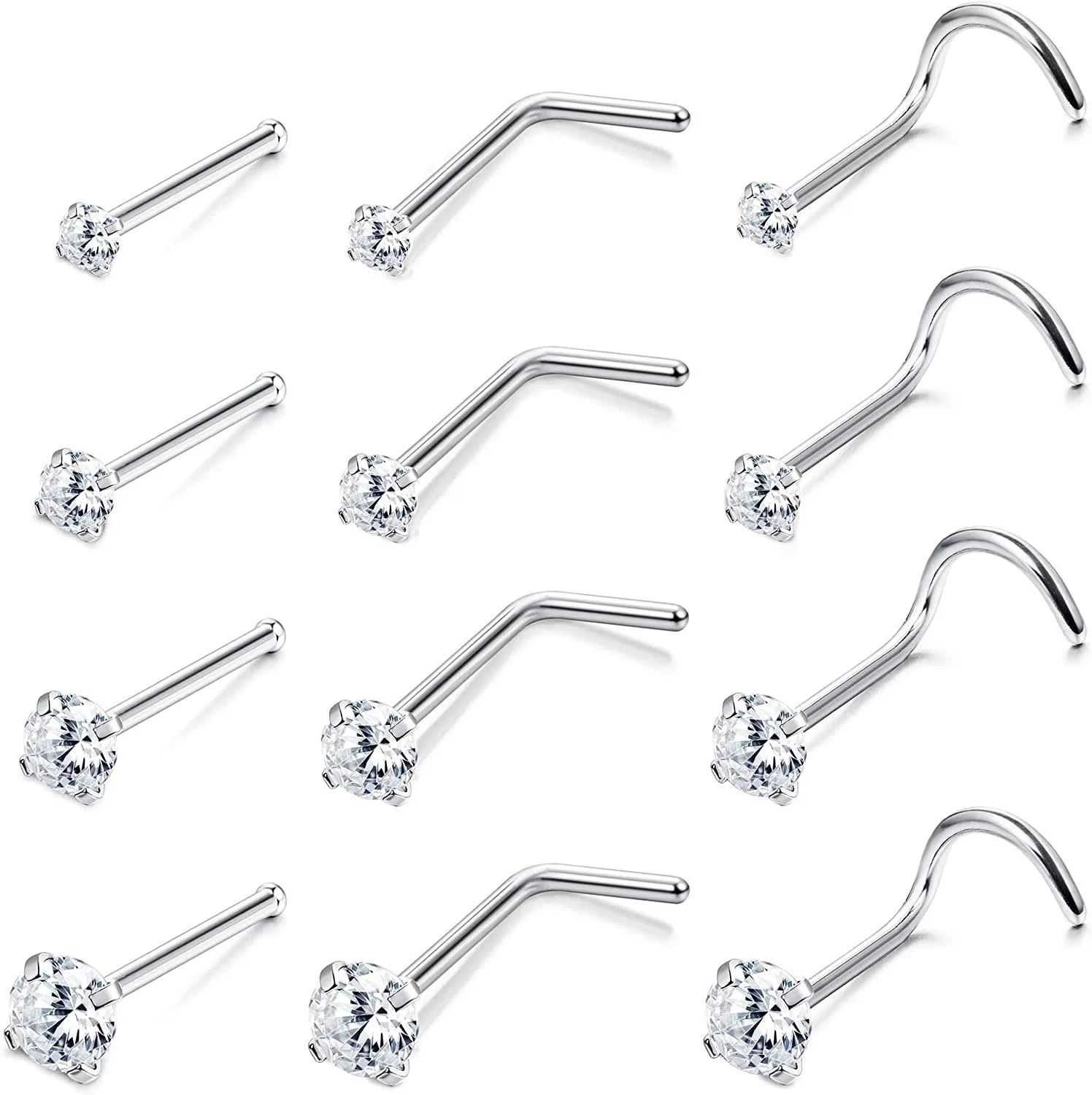 12pcs österreichisches Zirkonia L-förmige Nasenringe für Frauen Männer 316L Edelstahl 1.5mm 2mm 2.5mm 3mm Zirkonia Corkscrew Nose Stud Gerade Nase Piercing Körper 20G