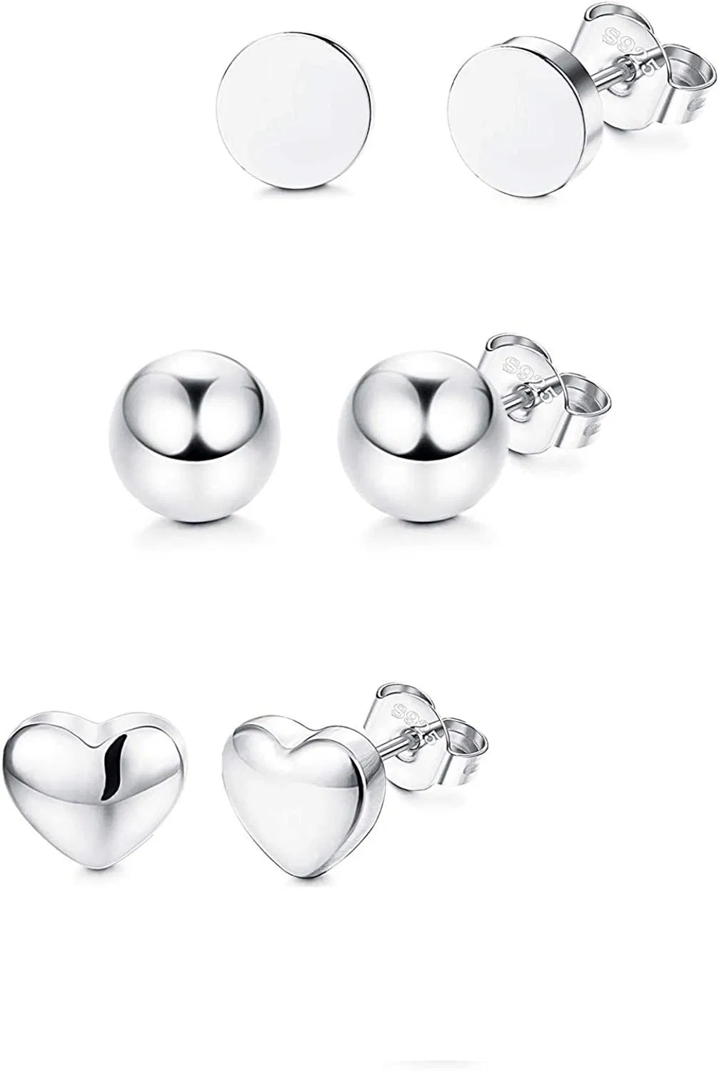 3 Paare 925 Sterling Sliver Ohrringe winzige Stud Ohrringe für Kinder Frauen Mädchen Dot Ball Stud Ohrringe Herz rund minimalist kleine Ohrringe