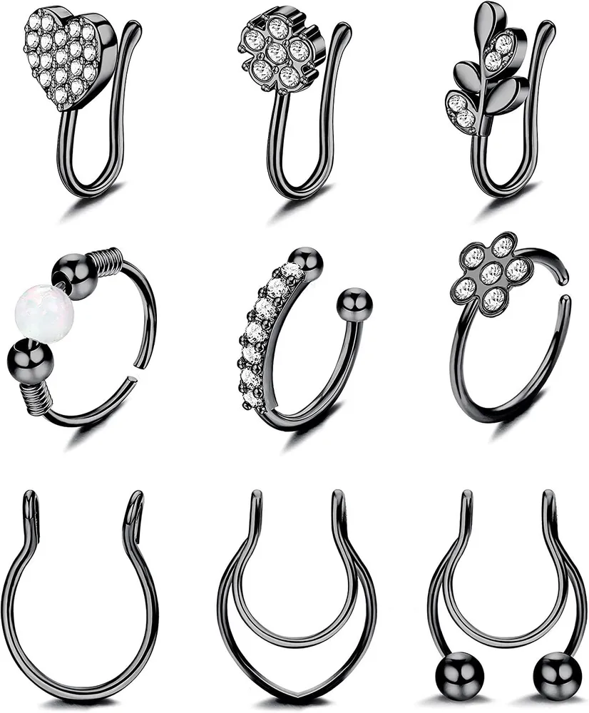 9pcs Falsche Nase Ringe Edelstahl Faux Nasen Ring Schleife Eingezogen CZ für Frauen Fuax Septum Ring Clip Auf Nasen Ring Fälschungen Septum Ringe Nicht Piercing 16 / 20G