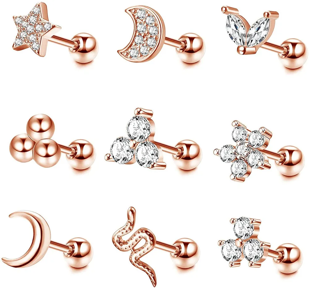 9pcs Knorpel Ohrringe Helix Tragus Ohrringe CZ Mond Stern Schlange Blume Schraube Rücken Ball Stud Edelknorpel Ohr Piercing für Frauen Männer
