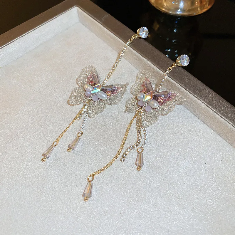 1pc Pearl Butterfly Ohrringe, Silbernadel asymmetrische Zirkon, Spitze Eingezogen Diamond Tassel Stud Super Fairy Ohr Schmuck