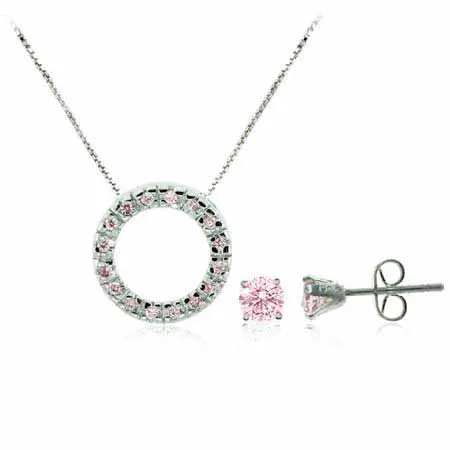 Sterling Silver Pink CZ Eternity Pendant & Stud Ohrringe Set