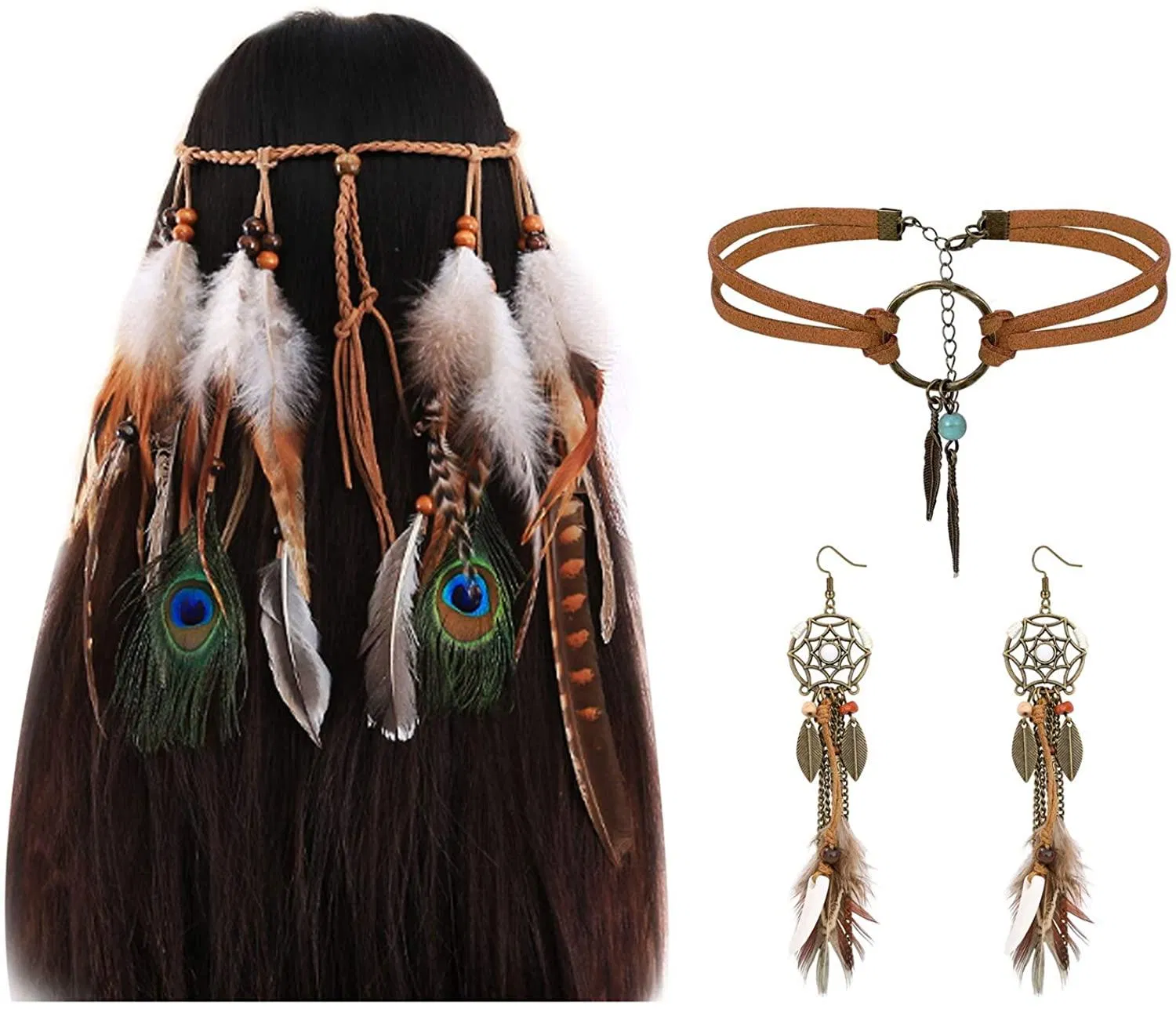 Native American Jewelry Leder Choker Kette Ohrringe Set für Frauen Handgemachte Bohemian Dream Catcher Long Faux Feather Drop Dangle Ohrringe Retro Kette Set