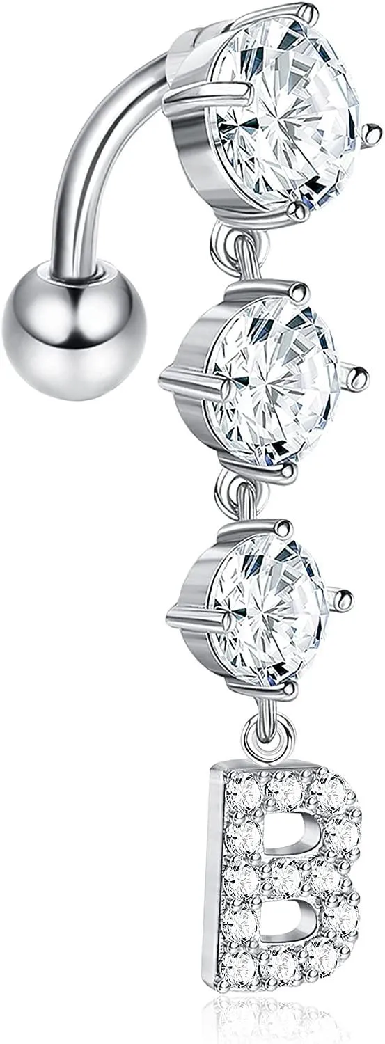 Frauen 14G Initial Dangle Belly Button Ringe Edelstahl Rückwärts gekrümmte Nabel Ringe Glitzer CZ Brief Bauch Piercing Schmuck
