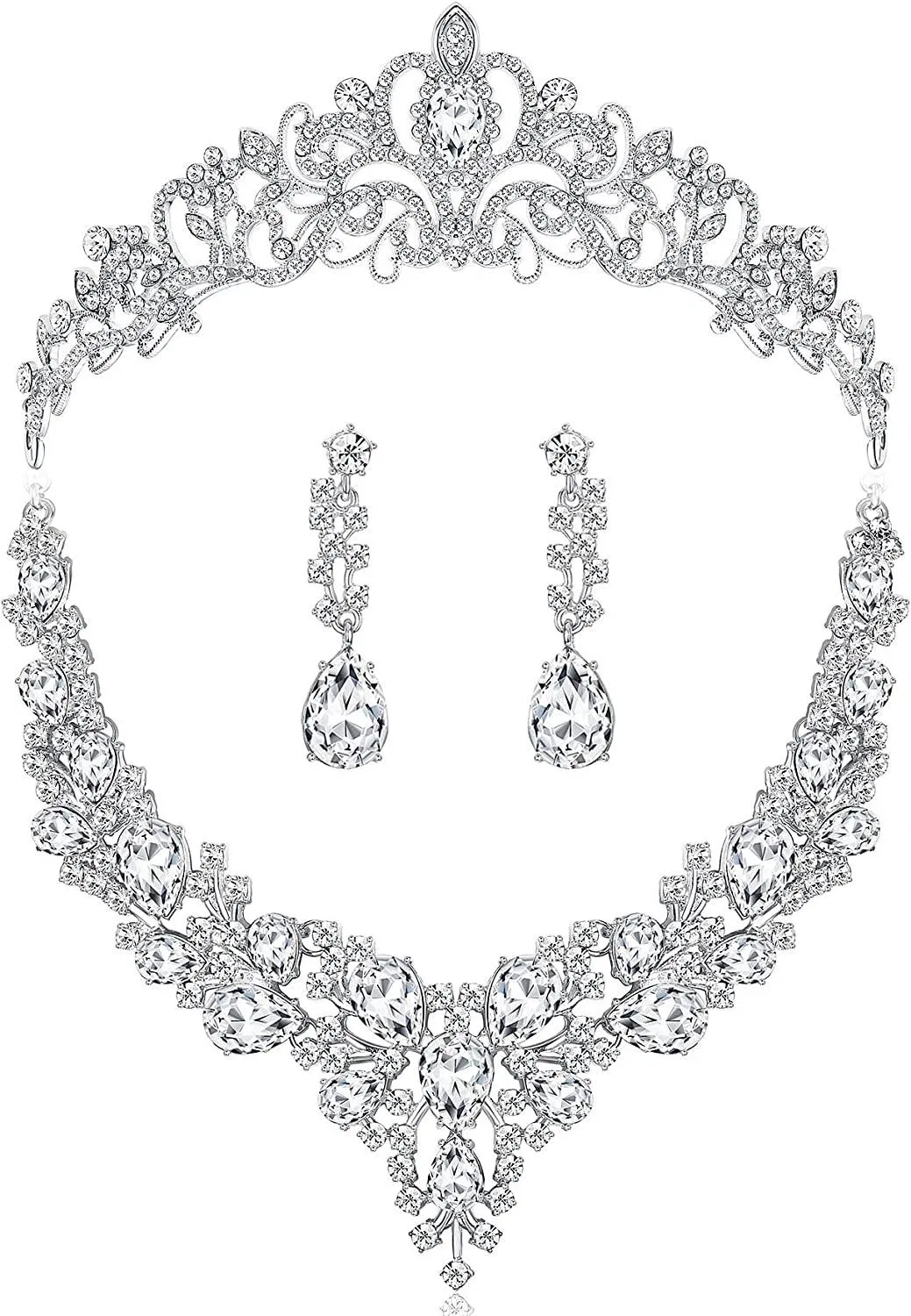 Brautset für Frauen Rhinestone Halskette Ohrringe Sets für Braut Brautjungfer Brautarmband Hochzeit Krone Silber Kristall Kostüm Set