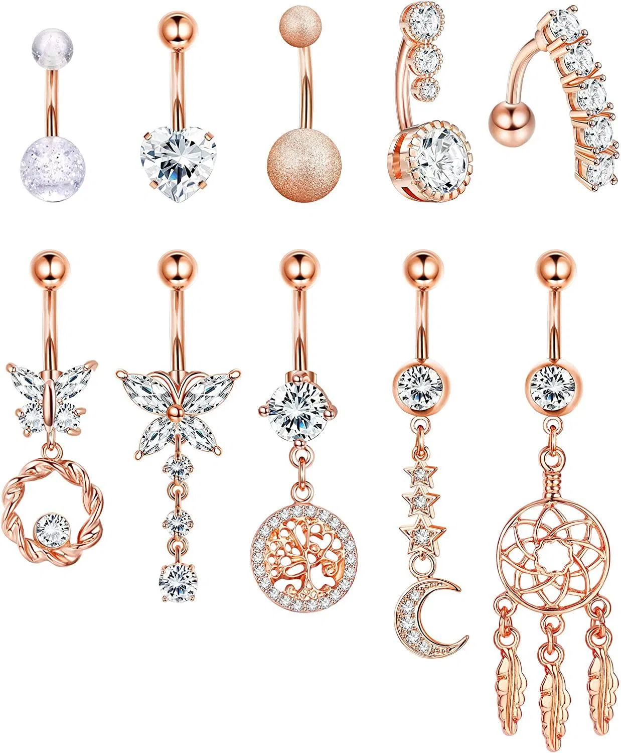 10pcs 14G Bauchknopfringe Dangle 316l Edelstahl Bauchringe für Frauen CZ Crystal Bauch Bars Kurven Nabelring Barbell Body Piercing