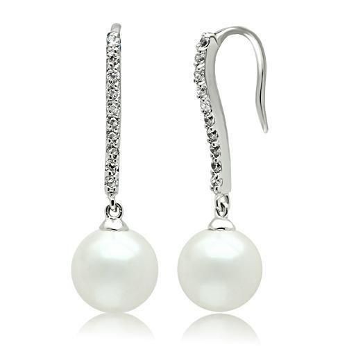 3W086 - Rhodium-Messing - Ohrringe mit synthetischer Perle in Weiß