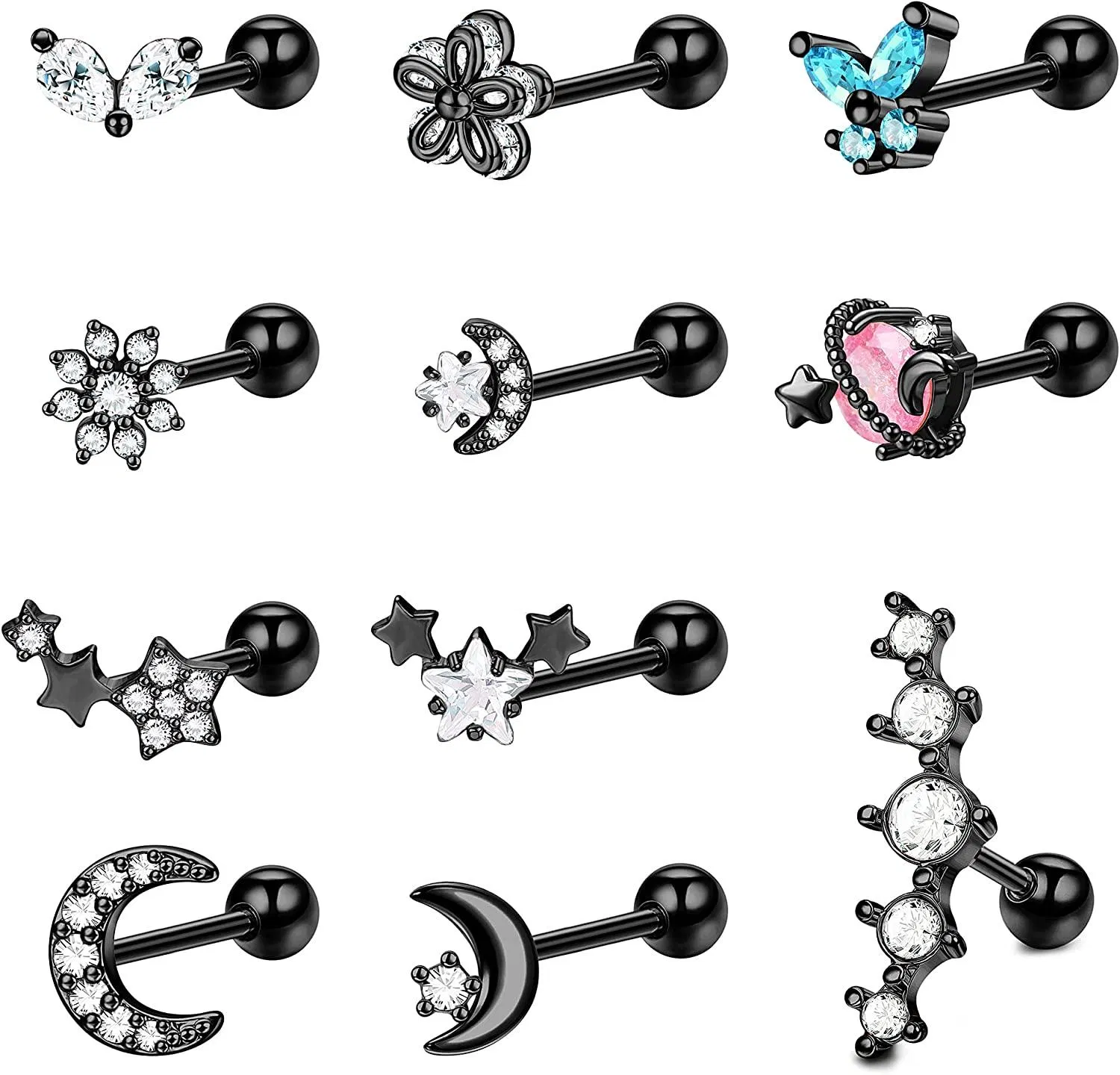 11pcs 16G Knorpel Ohrringe Studs Edelstahl CZ Vorwärts Helix Tragus Stud Ohrringe süße Schmetterling Mond und Stern Knorpel Daith Conch Ohr Piercing für Frauen