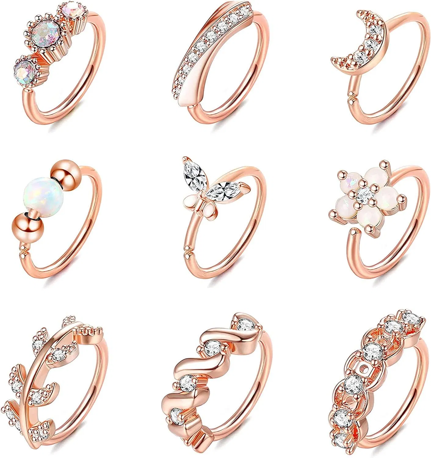 9Pcs 20G Edelstahl Nasenring Schleife für Frauen Männer Pflaster CZ Schmetterlingsblatt Blumen Crawler Knorpel Helix Ohrringe Nasen Ohr Piercing Schleife Körper Piercing