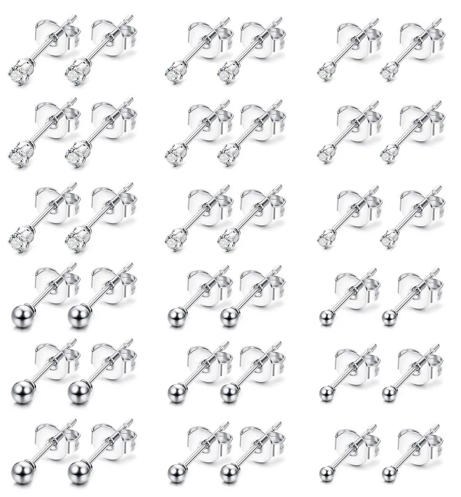 18 Paare winzige Stud Ohrringe für Frauen Edelstahl Ball Mini Ohrringe und Kubik Zirkonia Ohrringe Set 2mm 3mm 4mm