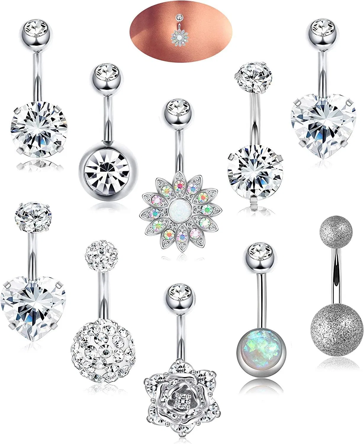 10pcs 14G Bauchknopfringe für Frauen; 316L chirurgischer Stahl Clear CZ Nabelringe Bauchringe Barbell Belly Piercing Schmuck