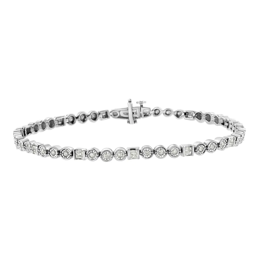 .925 Sterling Silber 1.0 Cttw Wechselkanal-Set Baguette und Wunder-Set Round Diamond Link Armband (I-J Farbe, I3 Klarheit) - 7.25
