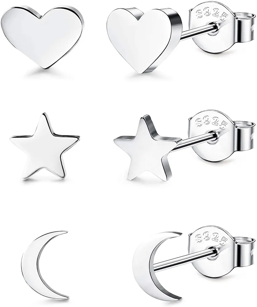 3 Paare 925 Sterling Silber Stud Ohrringe Tiny Moon Star Herz Plain Silber Stud Ohrringe Set für Frauen