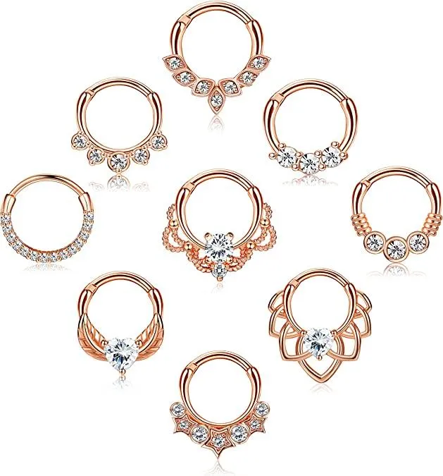 9Pcs Septum Ring 316L Edelstein-Zirkonschleifen Scharnier-Segment Nasenringe für Männer Frauen CZ Knorpel Tragus Helix Daith Ohrringe Nasen Piercing 10 MM