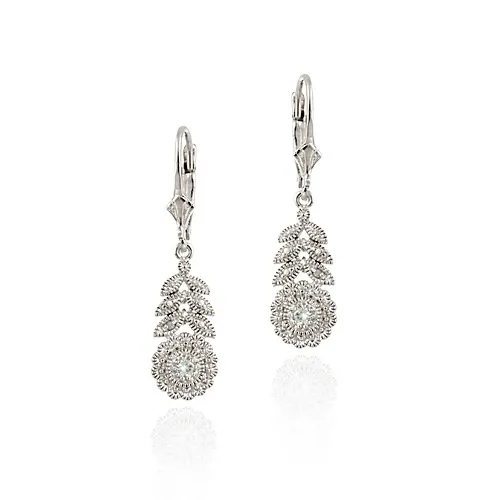 Sterling Silber Blau Topaz & Diamant Blume mit Blättern Dangle Ohrringe