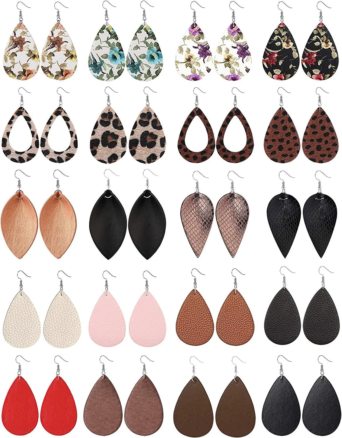 20Pair Teardrop Leder Ohrringe für Frauen Leaf Bar Leopard Print Ohrringe Flower Petal Dangle Ohrring Leichtgewicht