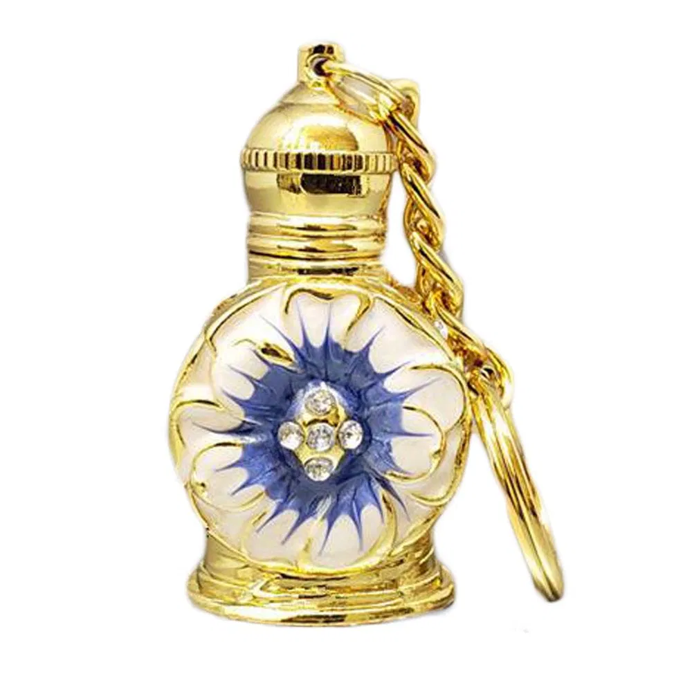 3ML Goldene Vintage ätherische Öl Flasche Schlüsselflasche Blaue Blätter Dispenser Glasflasche Leere Parfümflasche Nachfüllbare Container