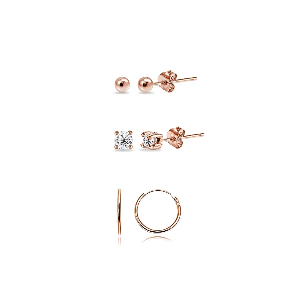 3 Pr Rose Flash Silber 10mm Endless Hoops, Round 2mm CZ & Bead Stud Ohrringe Set