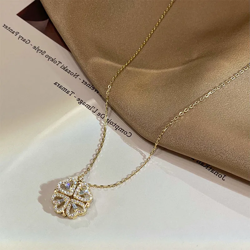 Retro Magnetic Folding Herz in Form von Vier Blatt Clover Anhänger Halskette Frauen lieben Klavicle Ketten Geschenke öffnbare Choker Schmuck