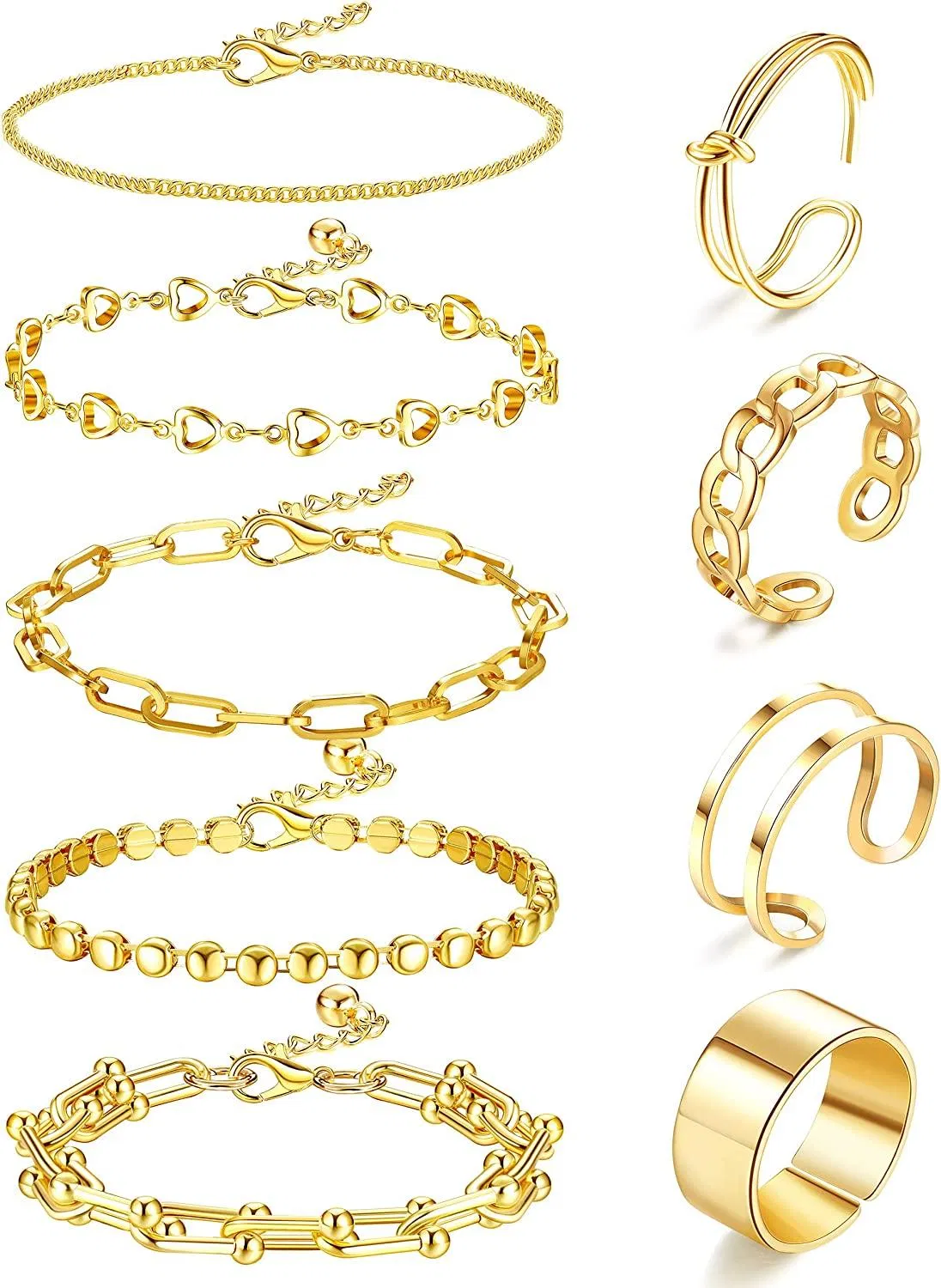 Dainty Gold Link Chain Armbänder & Knuckle Midi Ring Set für Frauen Mädchen verstellbare Knoten Finger Stackable Ringe; Mode Kubanische Paperclip Perlen Kette Armbänder Set