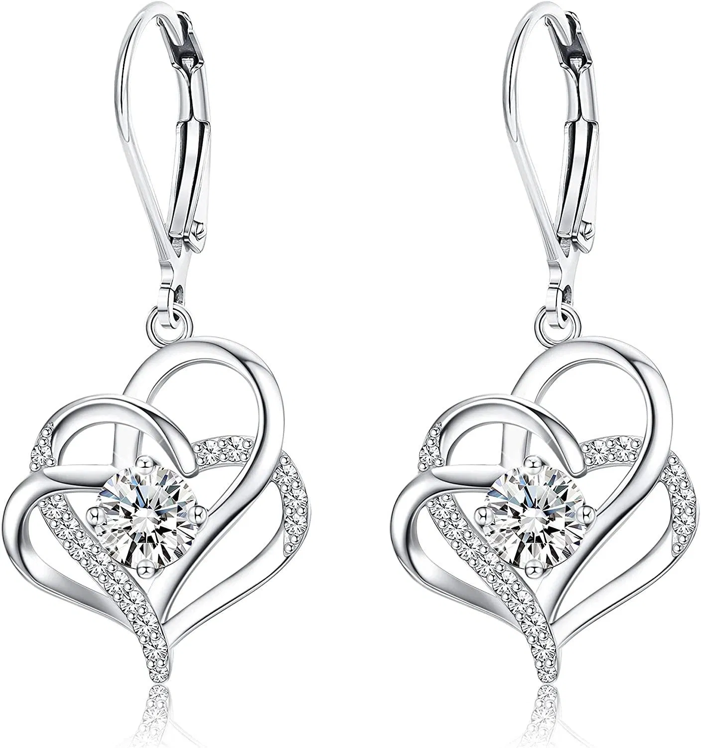 925 Sterling Heart Dangle Ohrringe für Frauen 18K Gold Plated Sparkling Cubic Zirkonia Forever Love Double Heart Leverback Ohrringe
