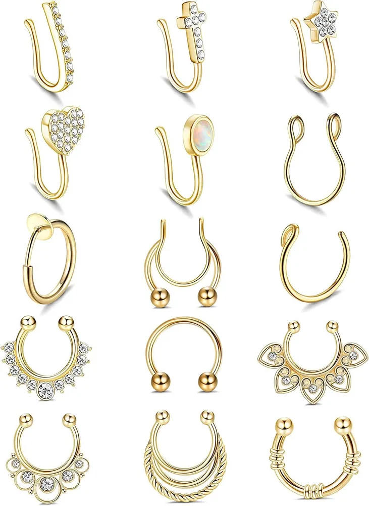 15Pcs Falscher Nasenring Kubik Zirkonium Nasen Manschette Edelstahl Falscher Nasenring Schleife Falsches Septum Nasenringe für Frauen Falsche Zunge Piercing Clip am Nasenring