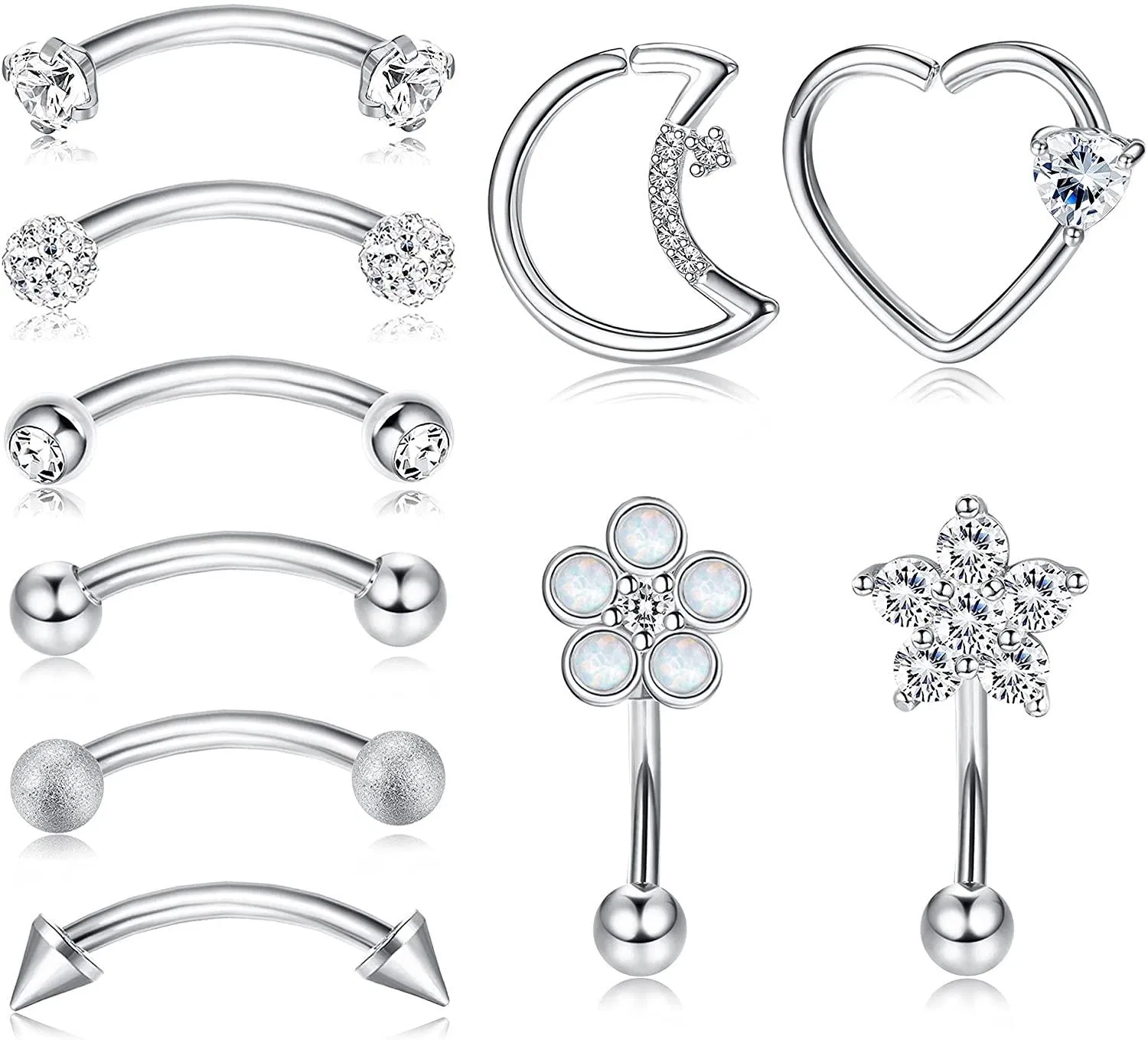 10pcs 16G Rook Curved Barbell Augenbrauenringe für Frauen Männer 316L chirurgische Bauch Lippenring Opal CZ Herz Daith Knorpel Ohrringe Anti Tragus Forward Helix Body Piercing 6MM 8MM