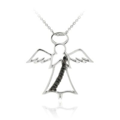 Sterling Silber Schwarz Diamant Akzent Angel Anhänger