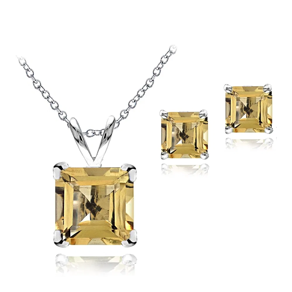 Sterling Silber 2,75ct TGW Citrine Square Solitaire Anhänger & Stud Ohrringe Set, 18
